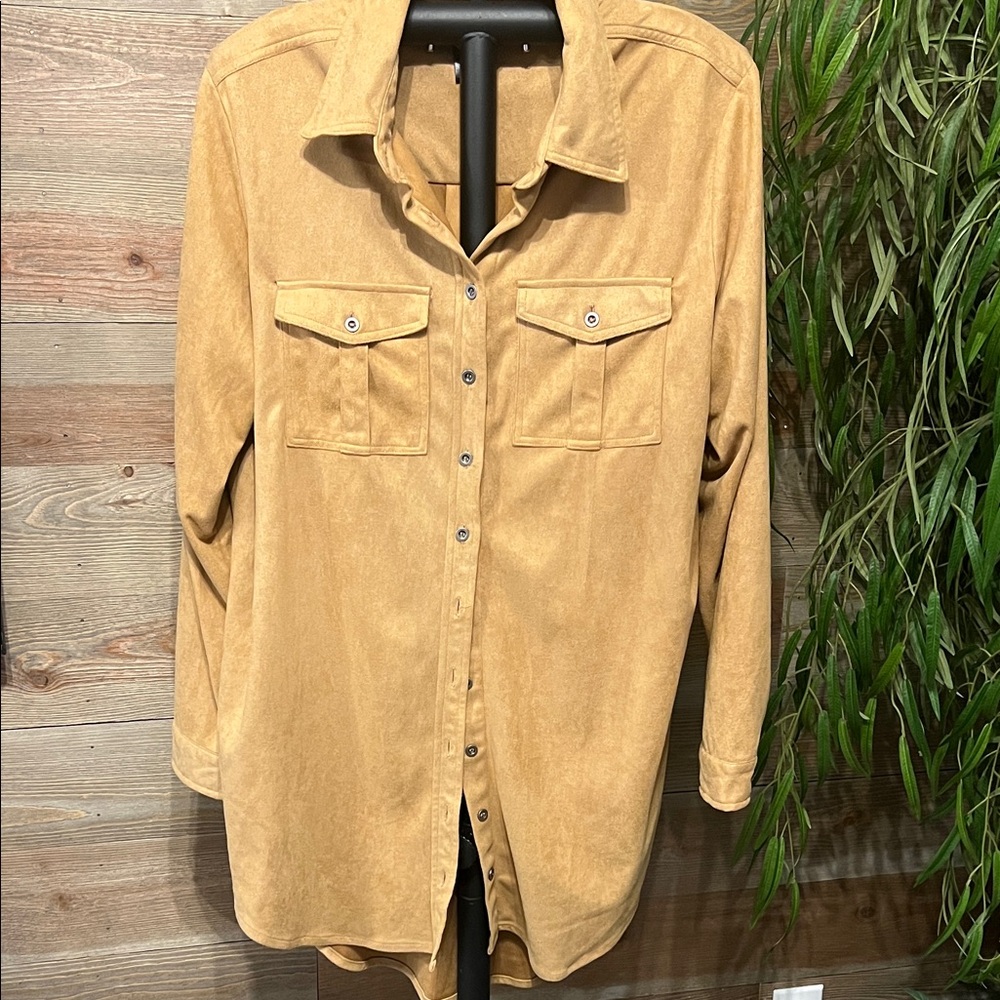 Ashley Stewart Camel Faux Suede Button-Up Shirt